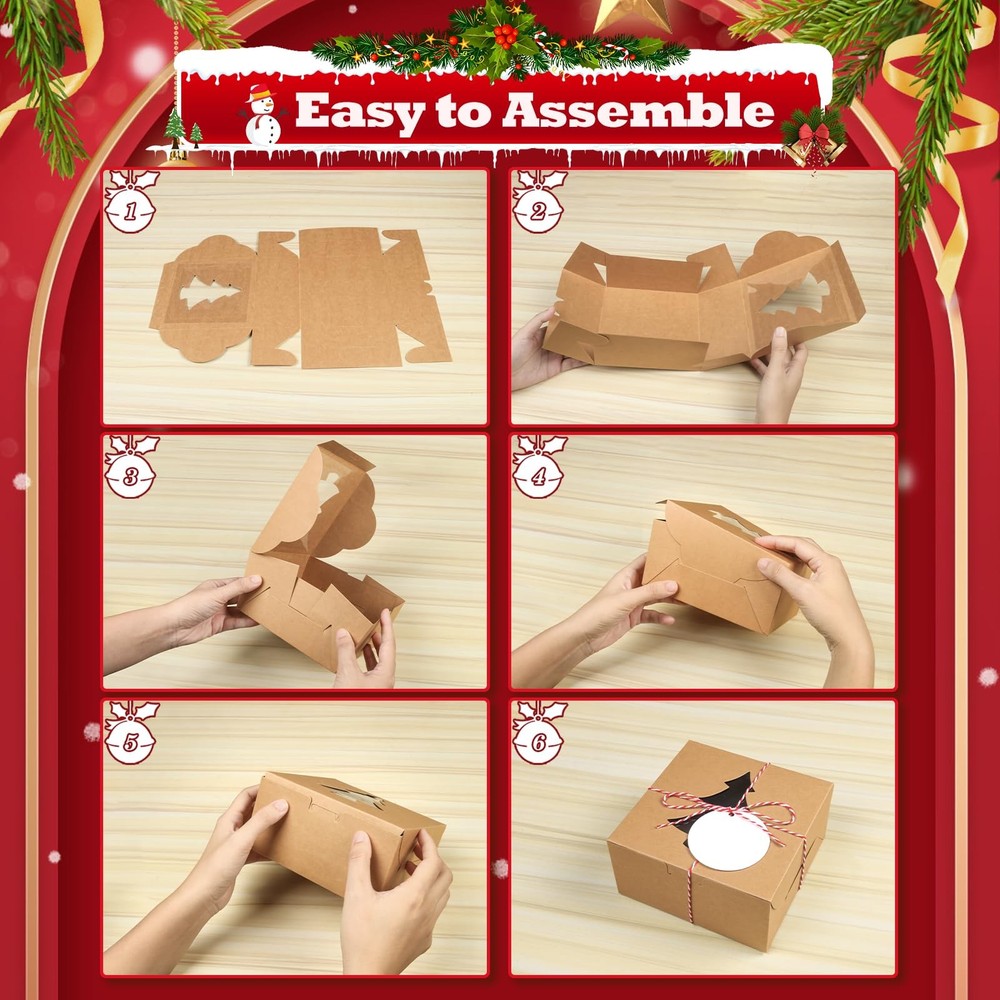 COTOPHER 18Pcs Christmas Cookie Boxes with Window 4x4x2.5 inch Brown Bakery