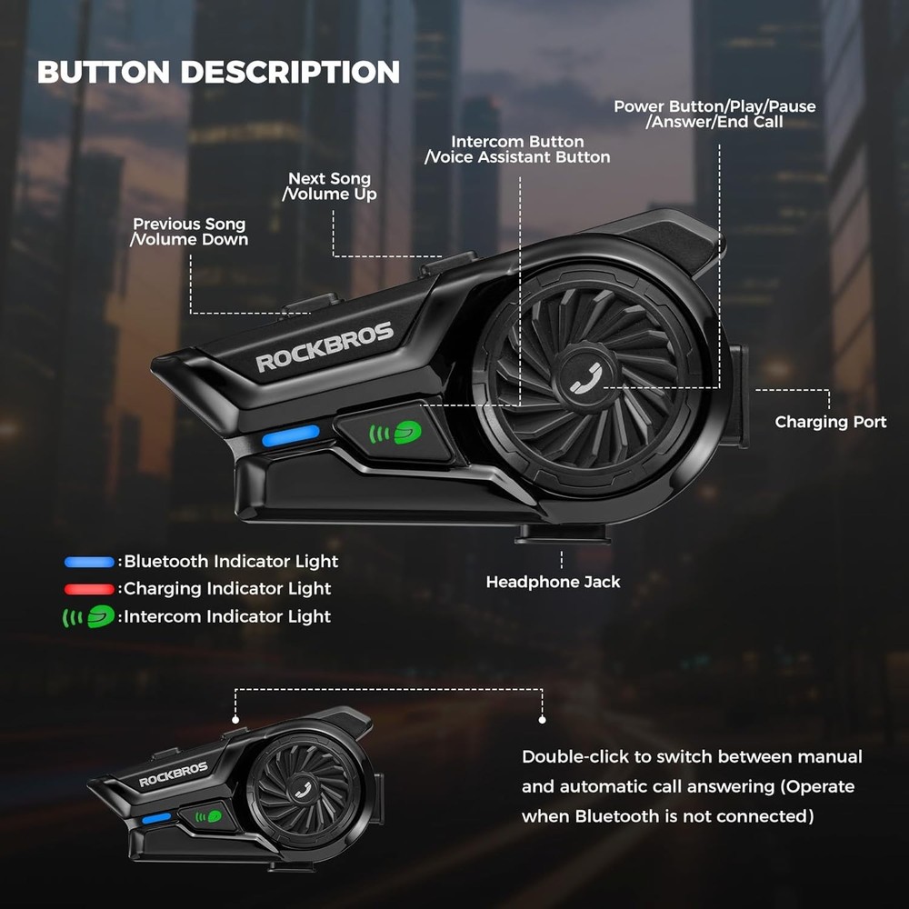 ROCKBROS Motorcycle Bluetooth Headset R1 Helmet Intercom Headset Waterproof 1 PC