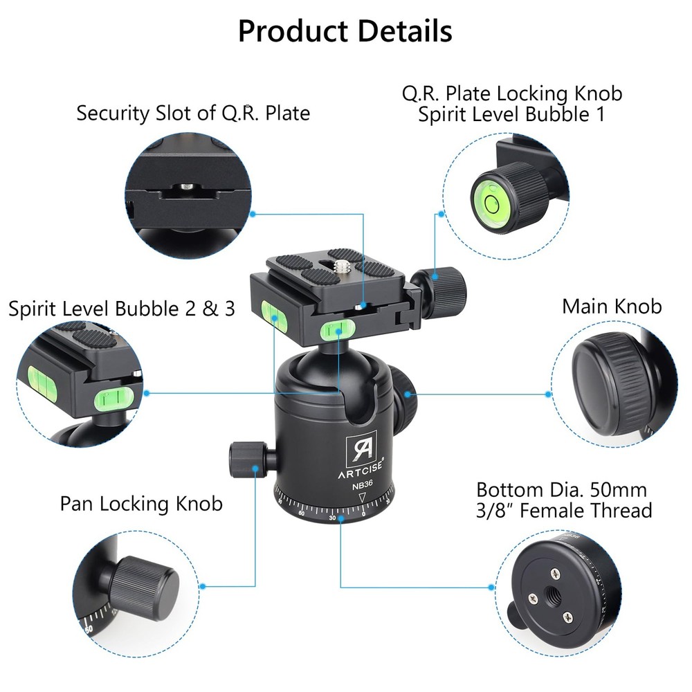 ARTCISE Tripod Ball Head Camera Mount 36mm Diameter Black