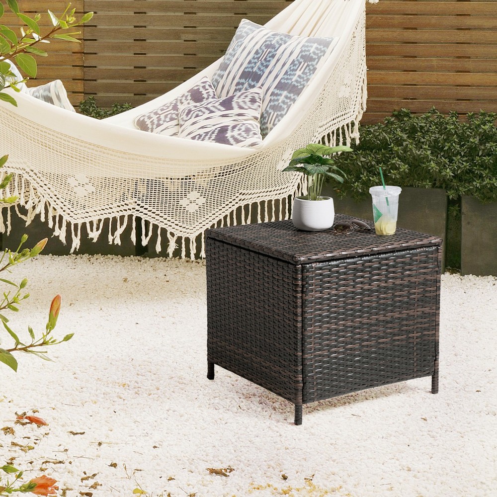 PE Wicker Side Table with Storage, Patio Rattan End Table Square Container