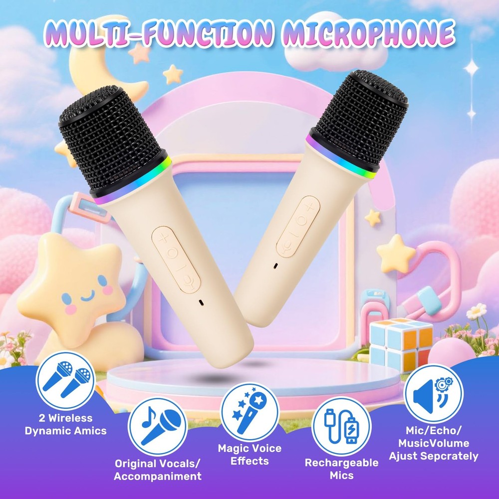 Mini Karaoke Machine with 2 Wireless Microphones, Portable Bluetooth Speaker ...