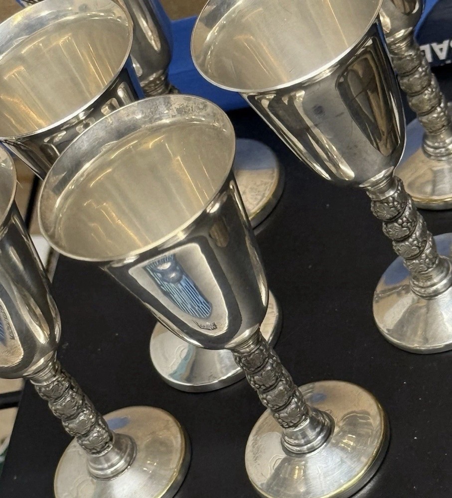 6 Silver Plate 4” GOBLETS Grapevine Stem Stamped: MADE IN SPAIN Visiuc, S. L.