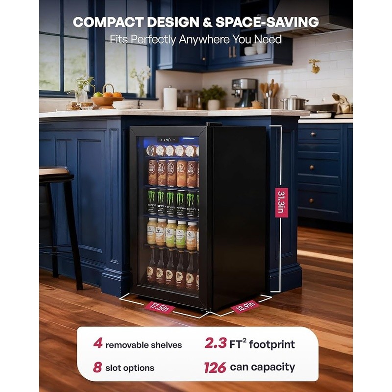 Compact Beverage Cooler 126 Can Capacity Adjustable Shelves Smart Temp Control