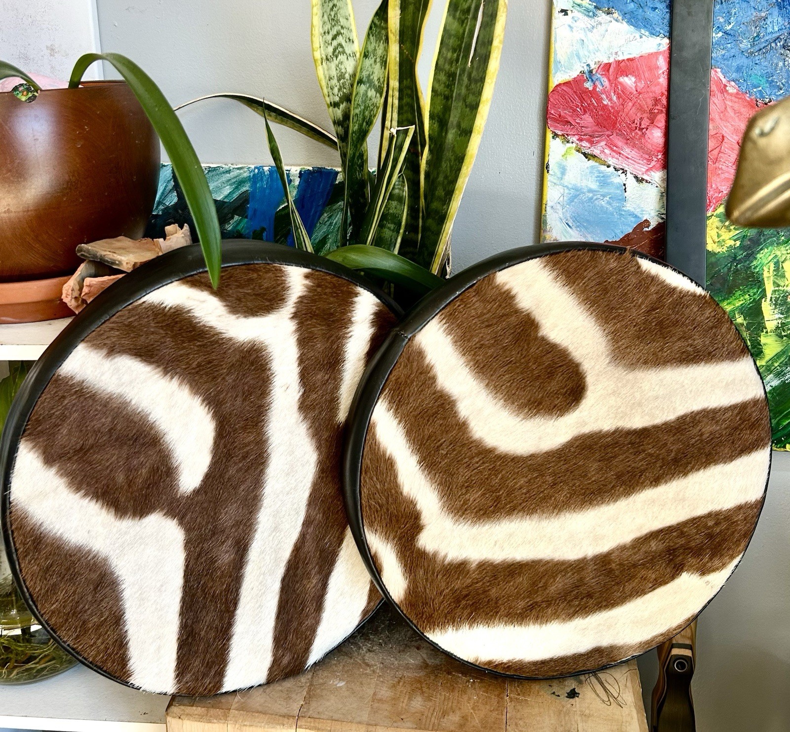 Pair of Vintage Authentic Zebra Hide Cushions - Safari African Animal Round 14”
