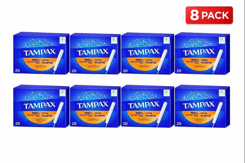 Tampax Super Plus Tampons Plastic-Free Applicator 8 Pack – 160 Total Count