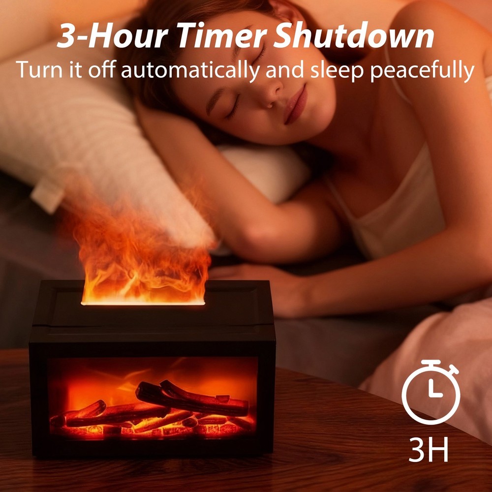 3D Fireplace Diffuser Humidifier with Realistic Flame, Aromatherapy,LED Lights