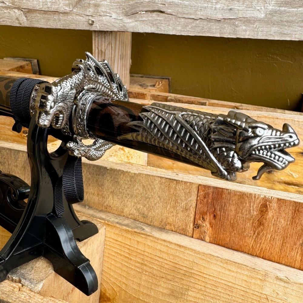 13" Dragon Fixed Blade Design Handle Black Samurai Mini Katana Sword With Stand