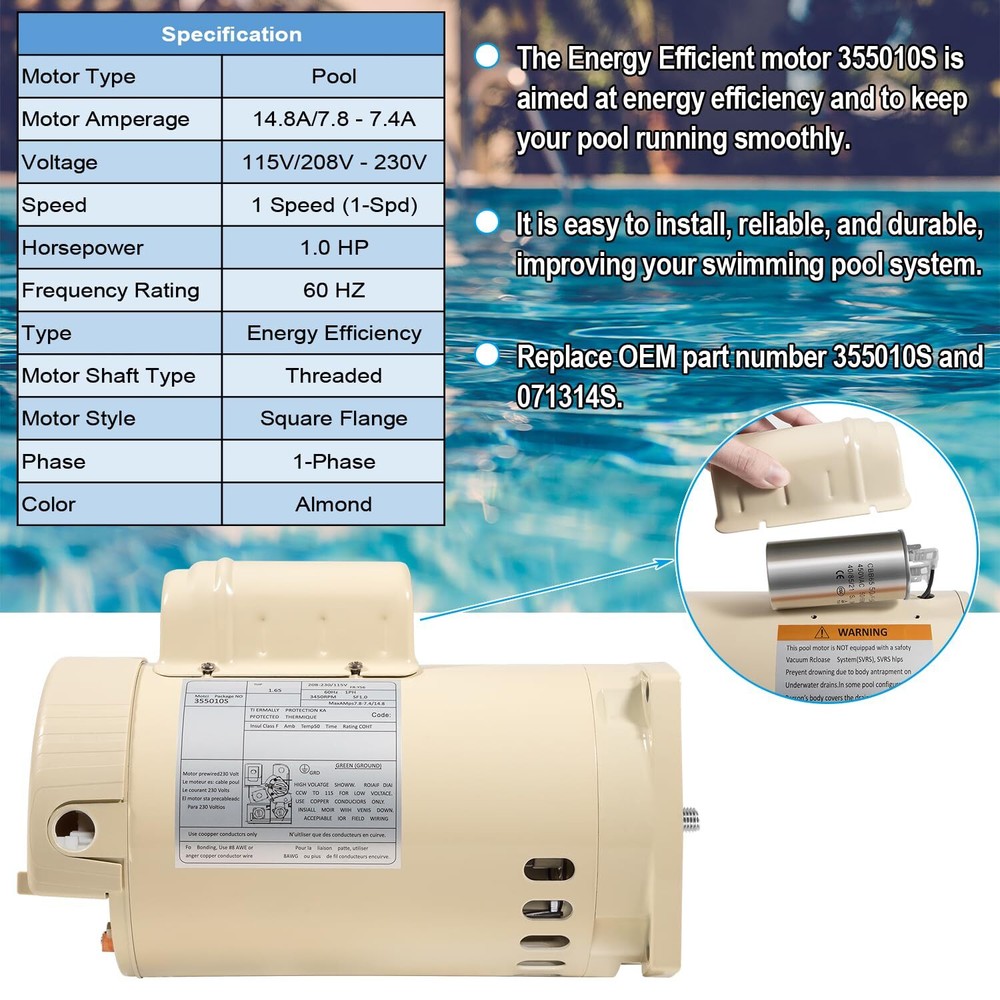 for WhisperFlo High Performance Pool Pumps Energy Efficient Replacement Motor