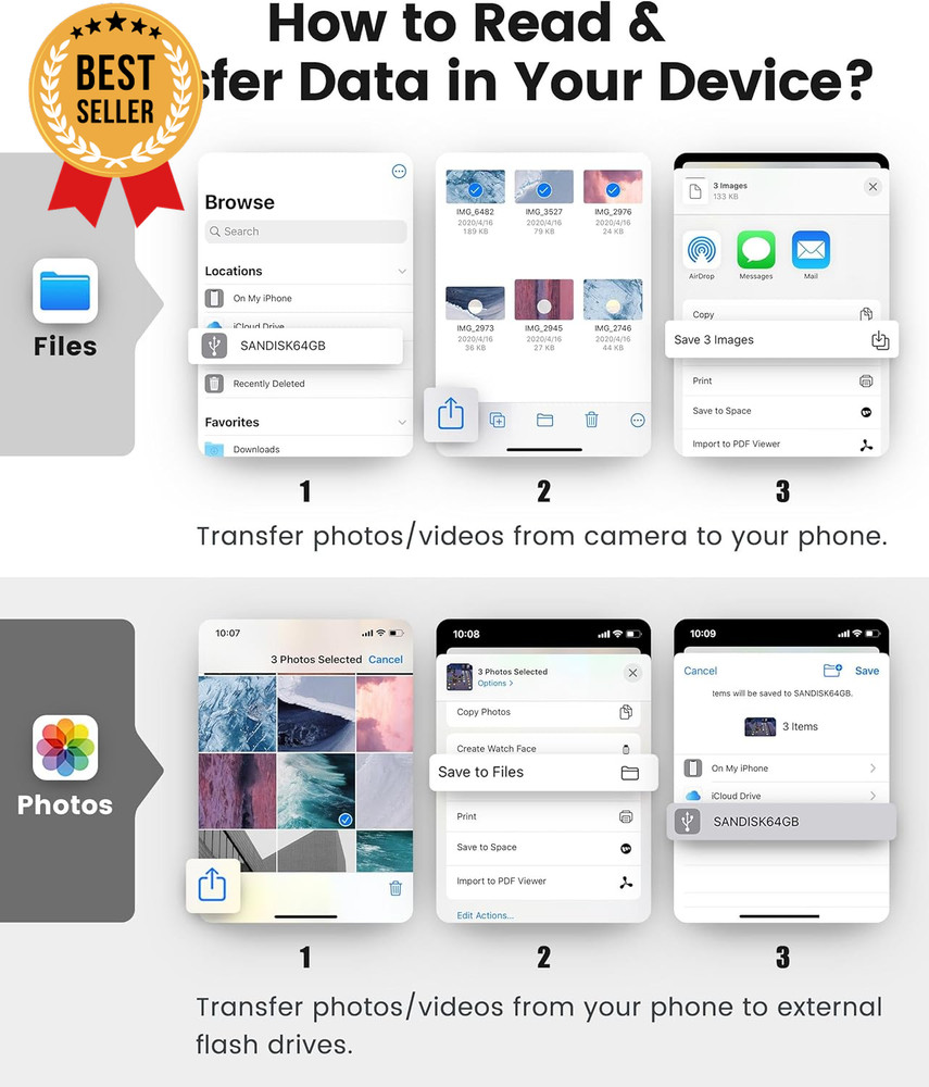 3-in-1 SD Card Reader for iPhone, iPad, Mac, USB-C, USB-A, Lightning, White