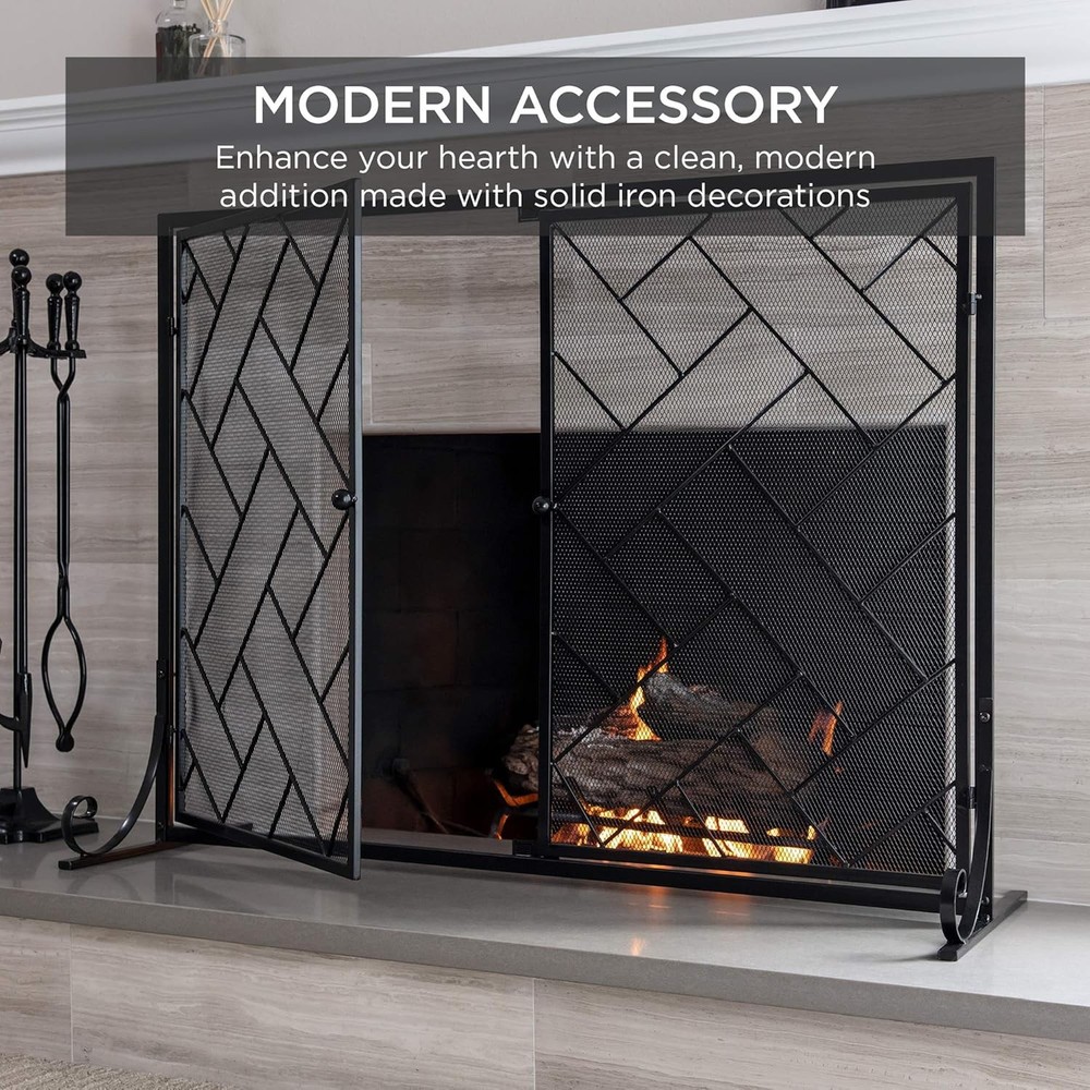 44x33in 2-Panel Handcrafted Wrought Iron Decorative Mesh Fireplace Screen
