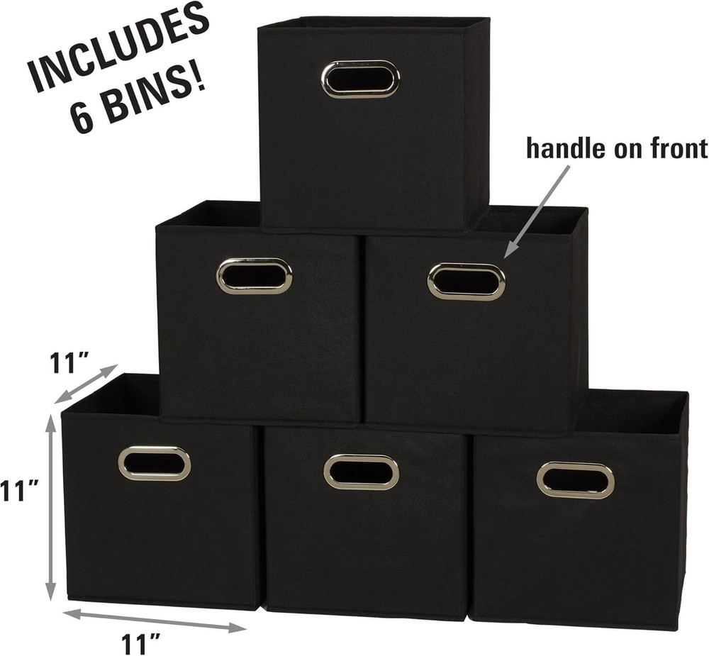 Chic Black Fabric Storage Bins - Set of 6 Foldable & Sturdy Stackable Cubes