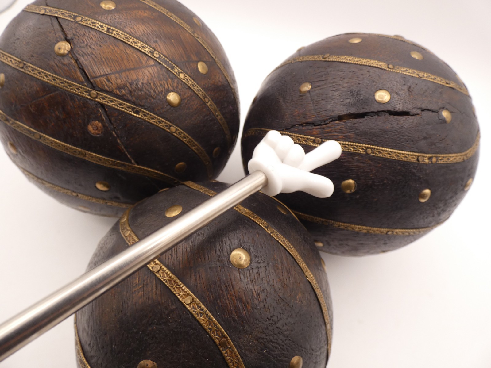 3 Vintage Wooden Ball With Embossed Brass Early 20th C. 5” & 4'' Width