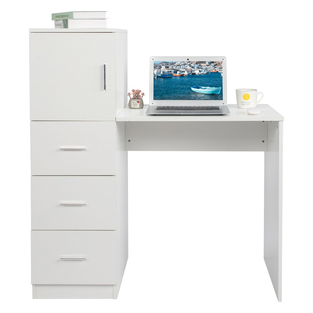 White embossed chipboard computer desk with 2 power sockets