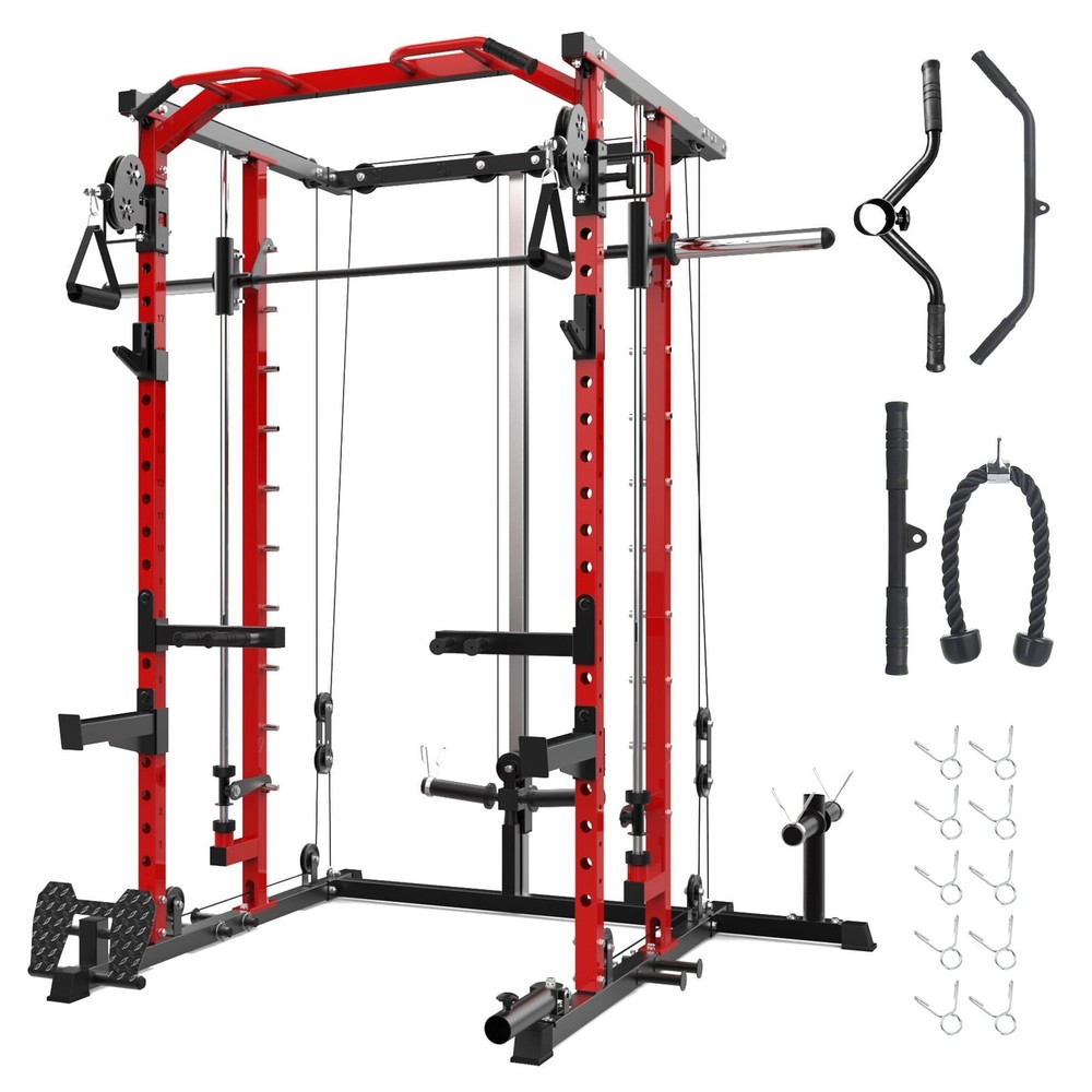 Smith Machine Power Cage Rack with Pulley System Multifunctional Workout Machine