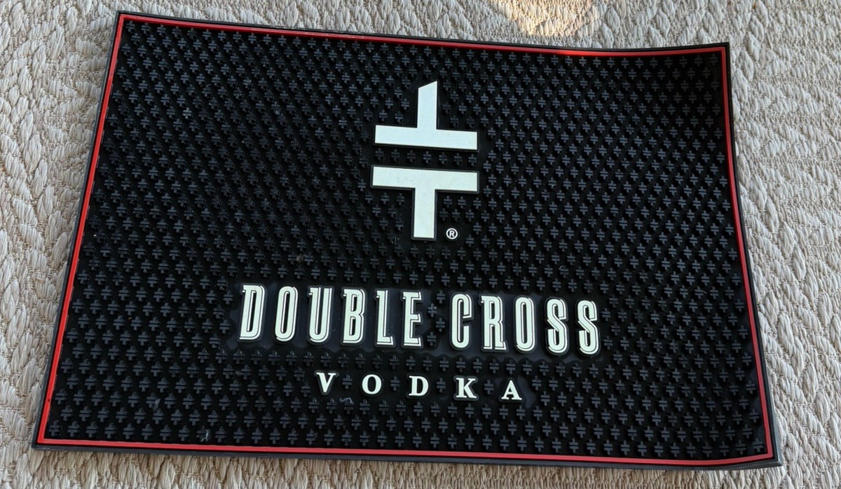 Double Cross Vodka Bar Spill Mat Black White 18”x12” Mixed Drink Man Cave Party