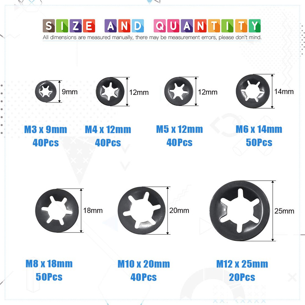 280Pcs Internal Tooth Starlock Push On Locking Washers Speed Clips Fasteners Ass