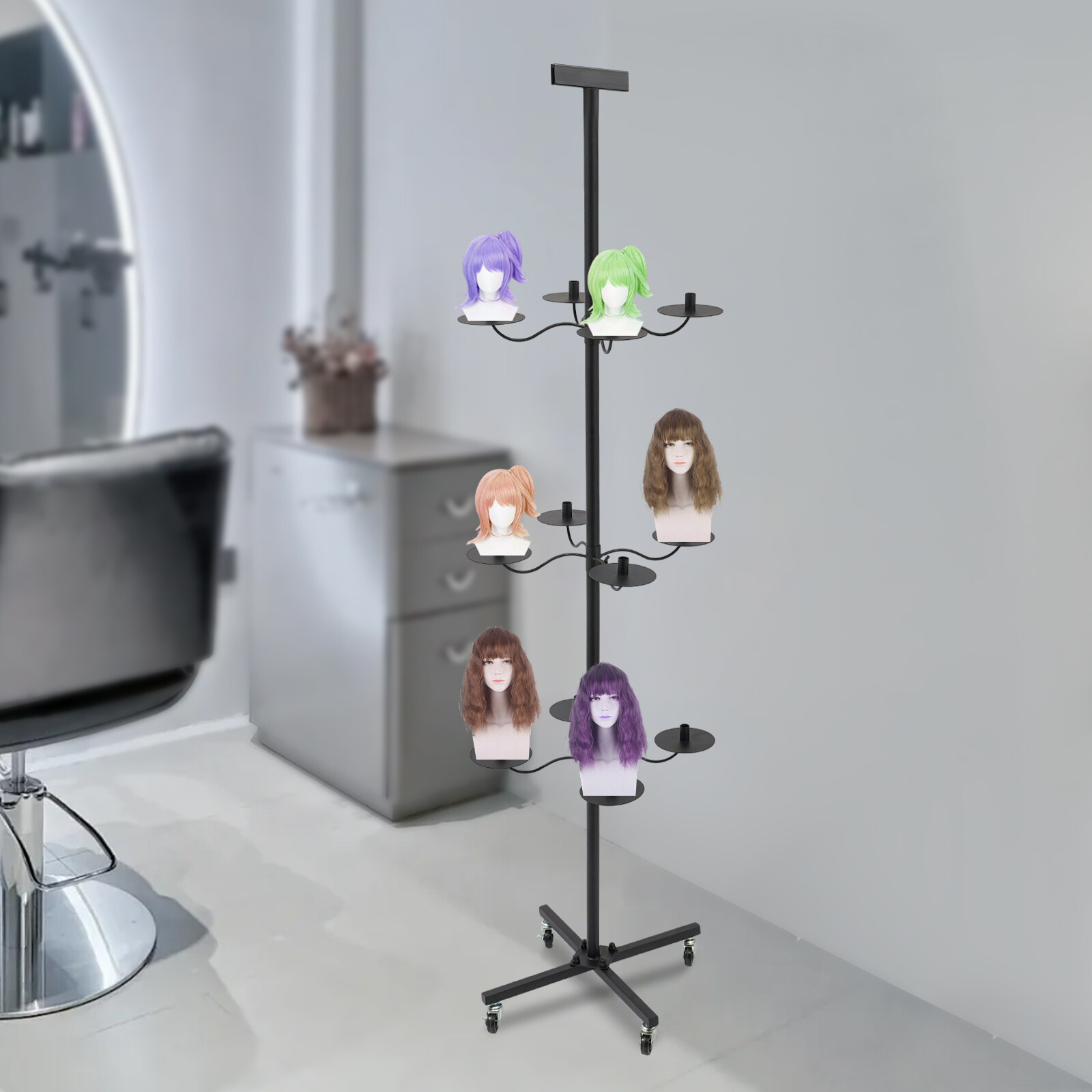Wig Display&Storage Rack For 12-head Wig Stand W/wheel Styling Wig Storage Black