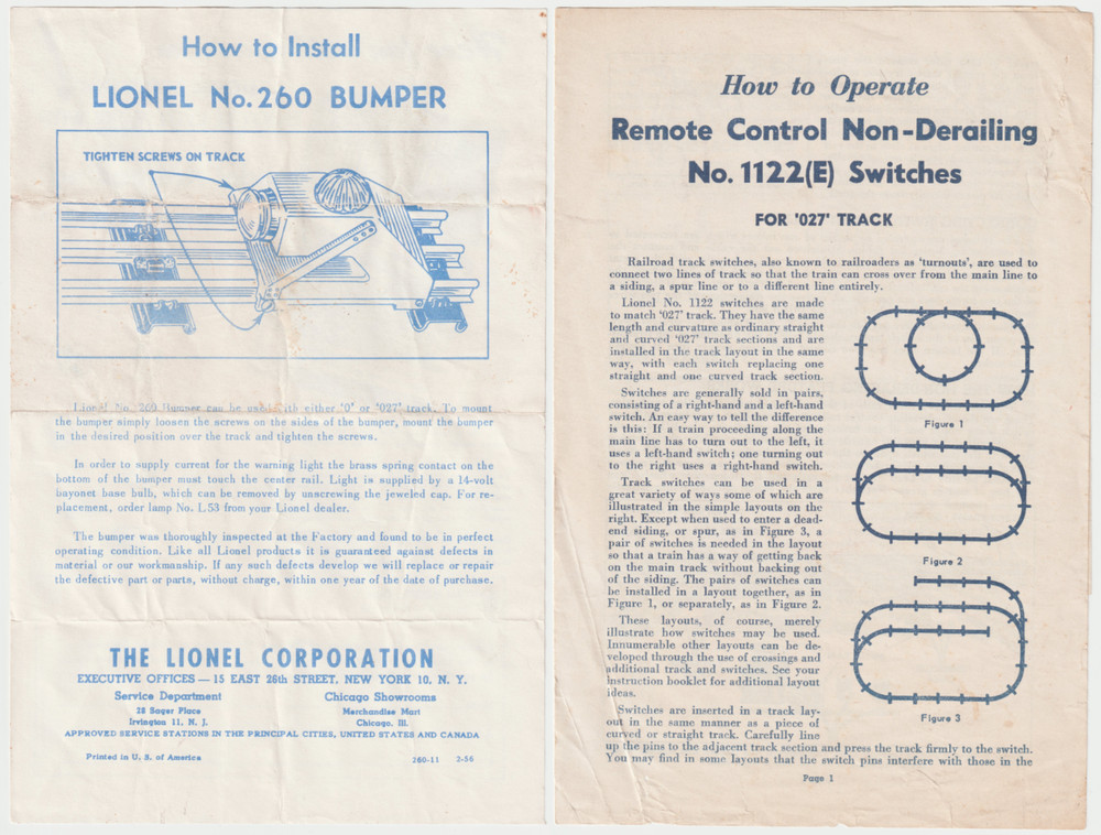 C1956 Lionel Install Instruction No 260 Bumper Operate 1122(E) Switch Model RR