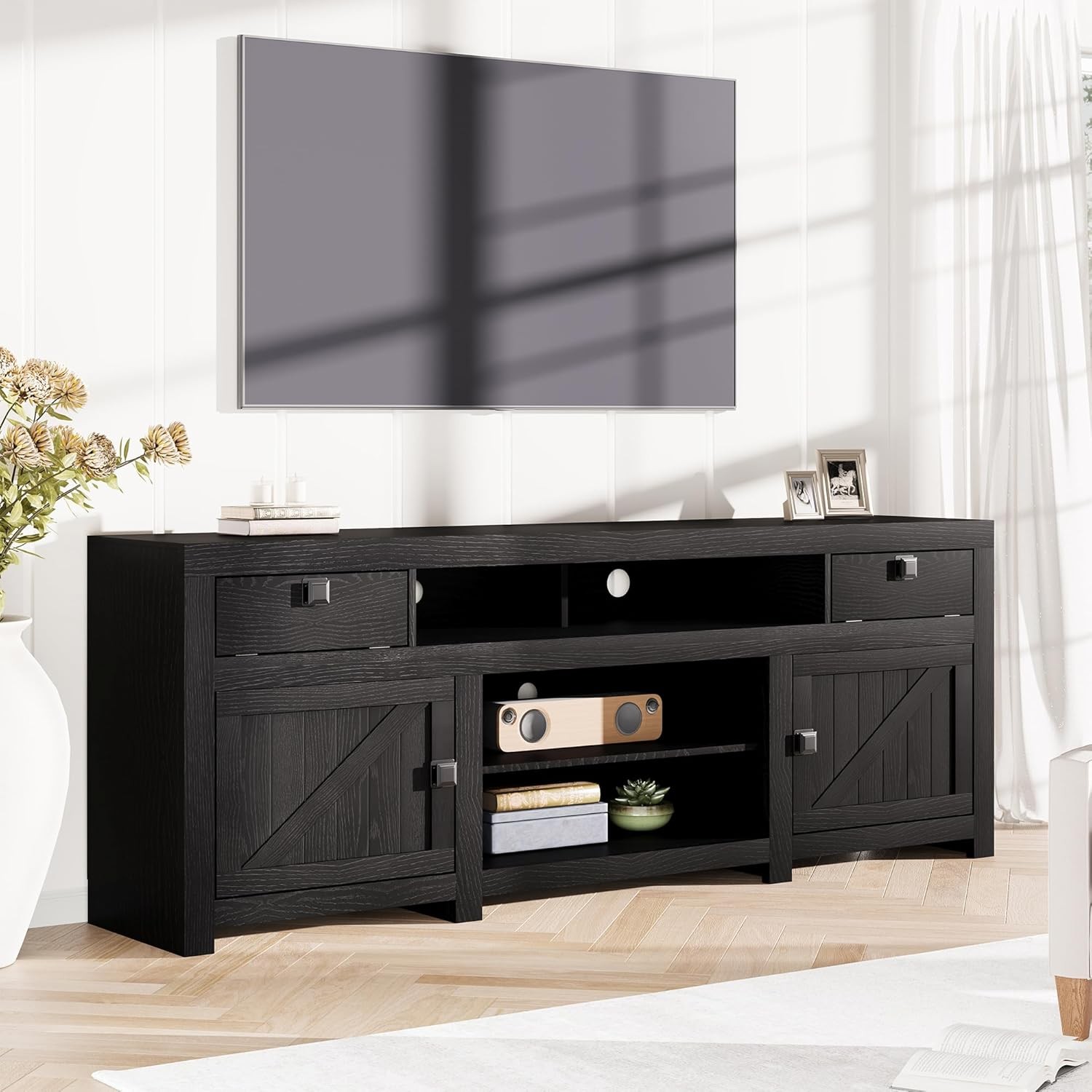 Farmhouse TV Stand for 80 in TVs, 70" Wide Entertainment Center with 4 Drawers