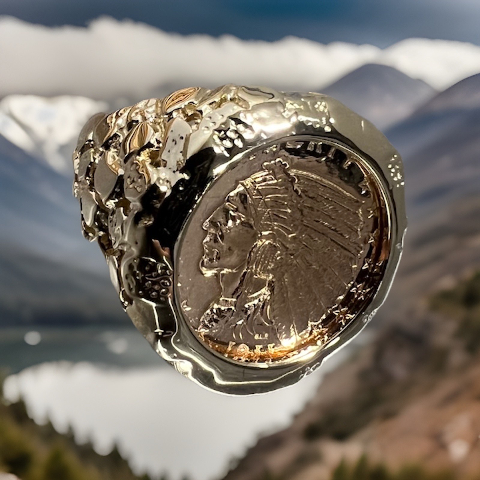 14k Yellow Gold Nugget Ring & 21.6 K Indian Head Coin Approximately 16-17 Grams!