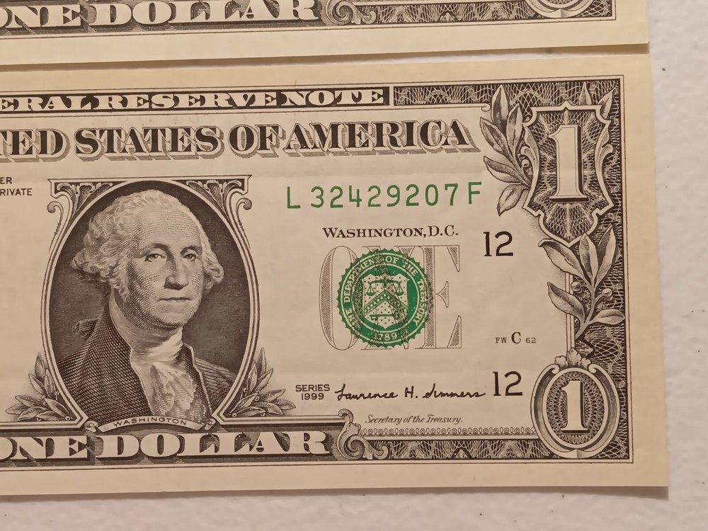 2-Errors Consecutive 1999 $1 Green Seal Federal Reserve Notes- Offset Error