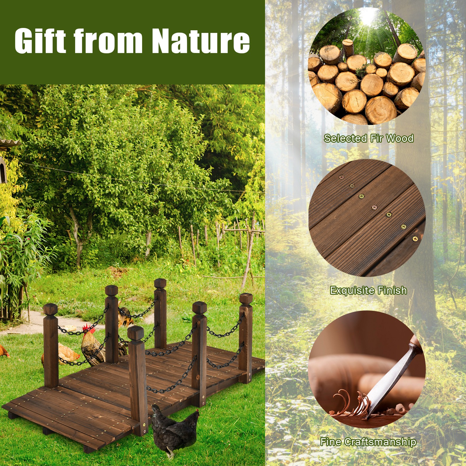 Costway 5 ft Wooden Garden Bridge Arc Footbridge Stained Finish Walkway w/Rails