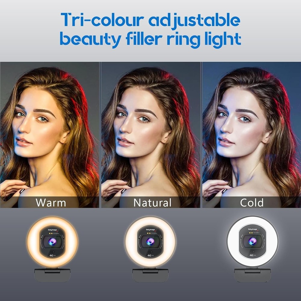 4K Webcam with Ring Light Web Cam 4K Autofocus with TOF Computer Camera 1080P 60