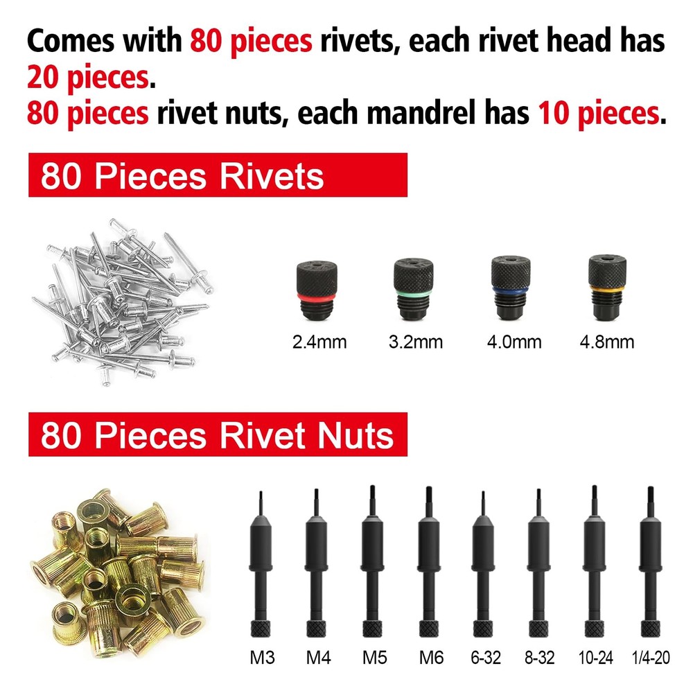 2 in 1 Rivet Nut Tool, Rivet Gun, 360° Swivel Head Multi-Application Tool with 4
