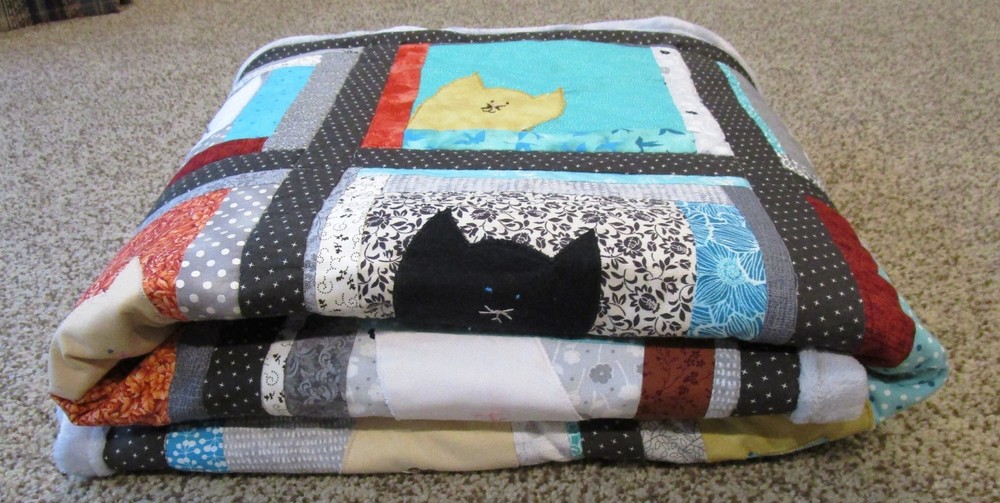 New Handmade Kitty Cat Patchwork Quilt Hand Embroidered Machine Quilted Blanket