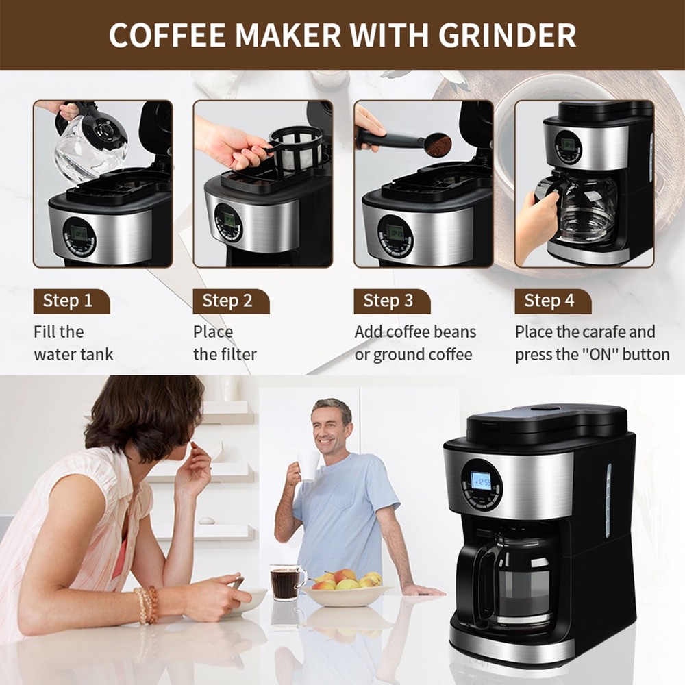 Coffee Maker with Grinder 12 Cups, Programmable Grind and Brew Coffee