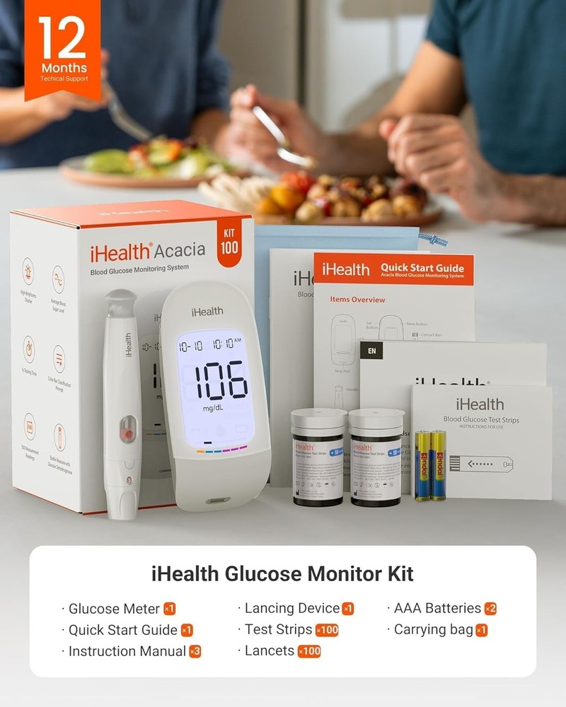 Glucose Meter Kit: 100 Strips, 100 Lancets, No Coding, 5s Results, 500 Memory