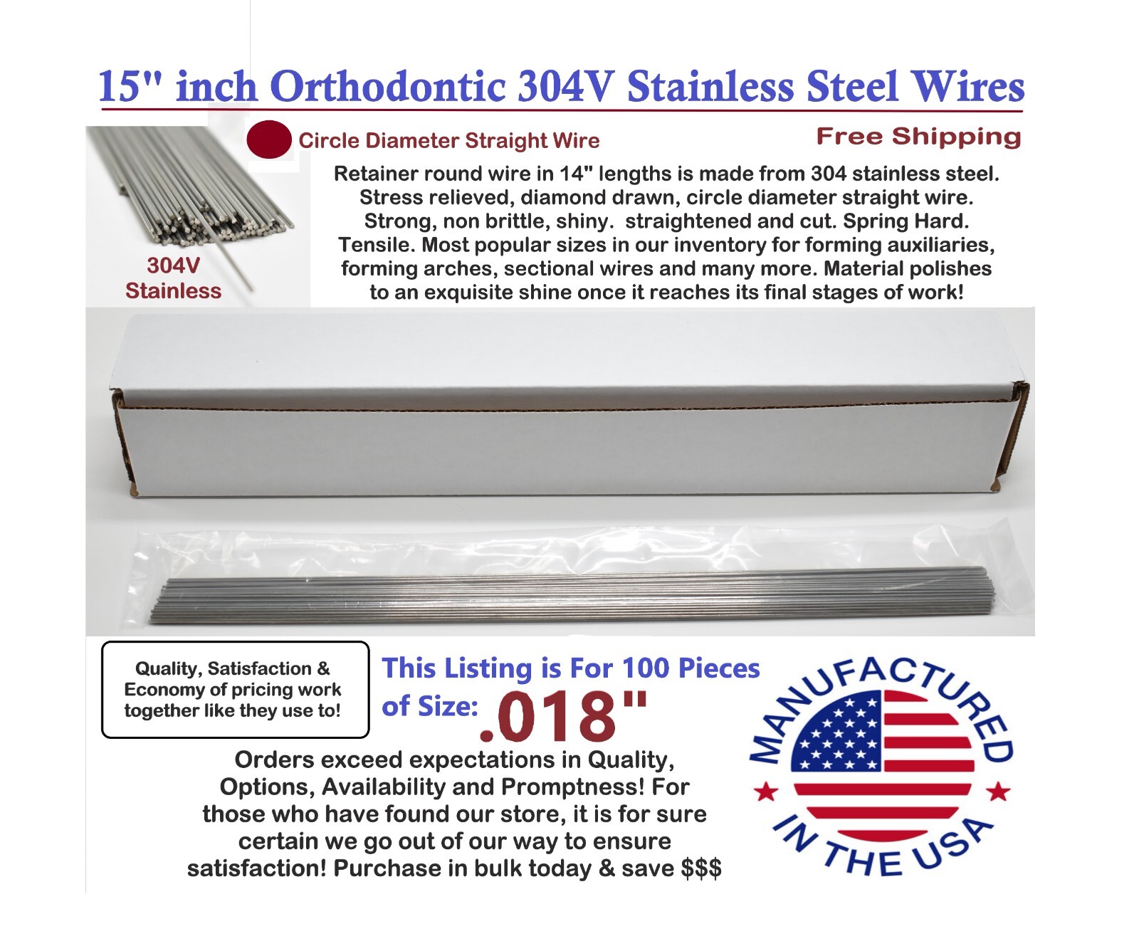 Orthodontic Stainless Steel Straight Lengths .018" Wire SS 15'' Lengths 100 Pack
