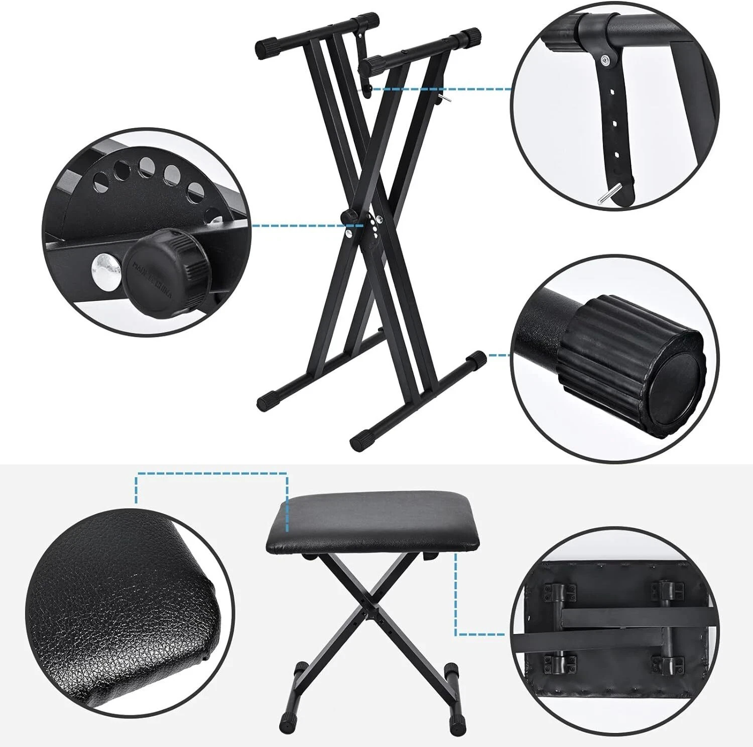 Heavy Duty Keyboard Stand and Bench Double-X Style Adjustable Height