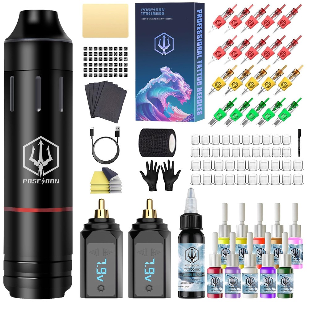 POSEIDON Tattoo Pen Set, Wireless Gun Kit Multicolor, Black