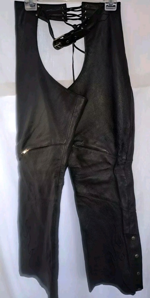 Women's Black Leather Power Strip Black Chaps/ Size Medium