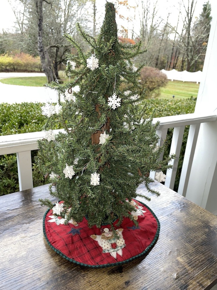 Primitive Rustic Artificial Christmas Tree Table Top with Ornaments & Tree Skirt