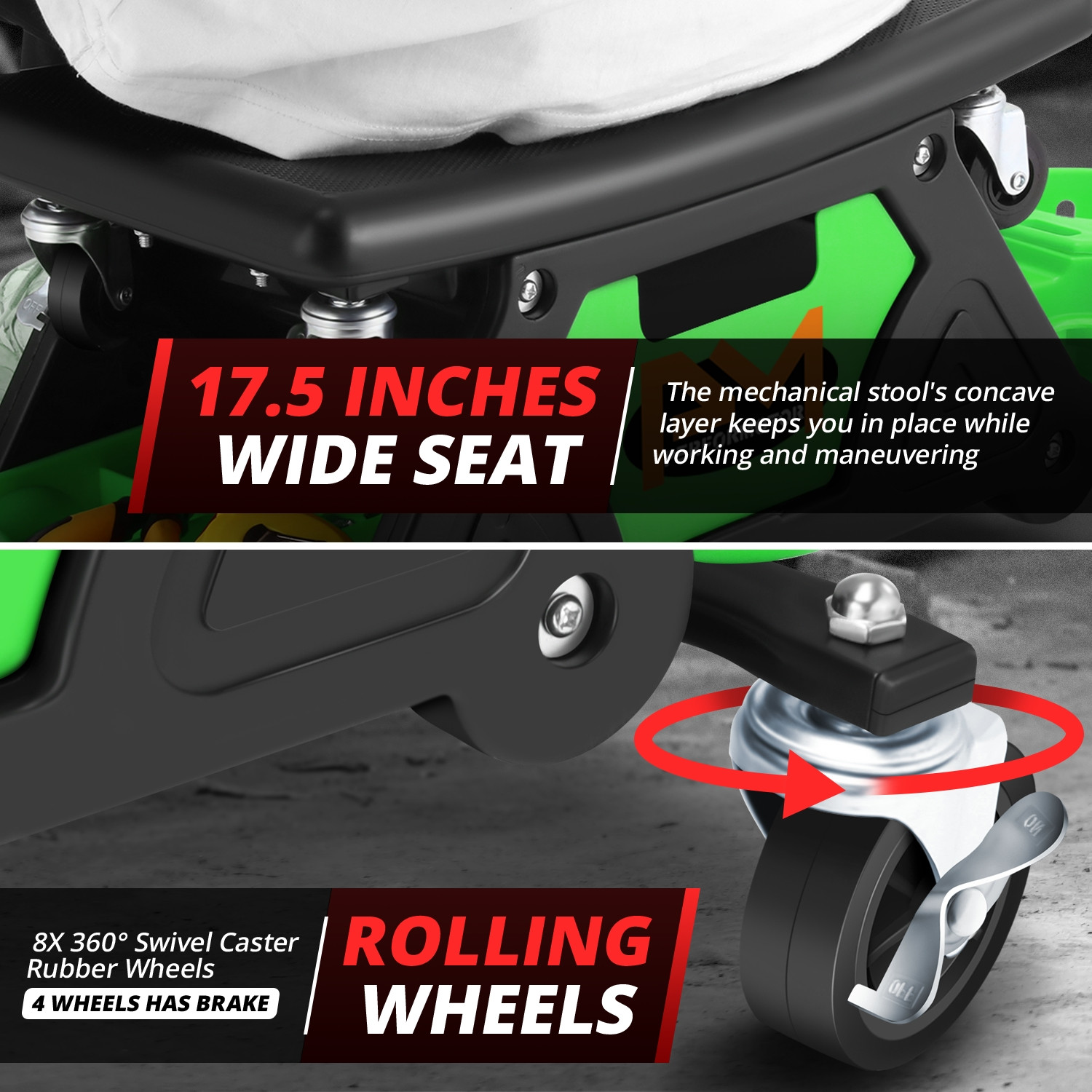 Detachable Stool Heavy Duty Mechanic Rolling Work Shop Seat w/ Tool Tray Green