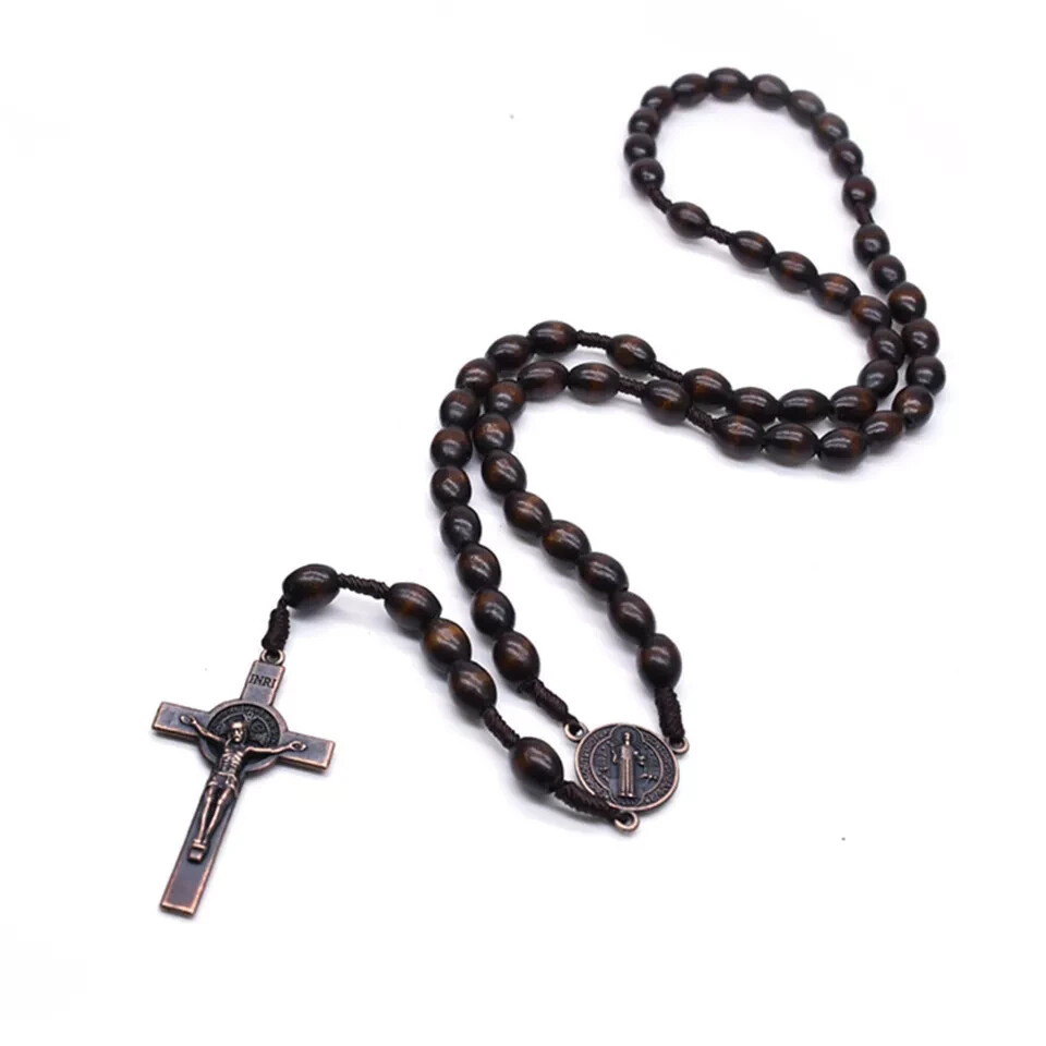 Deep Brown Saint St Benedict Wood Beads Rosary Prayer Crucifix Cross Jerusalem