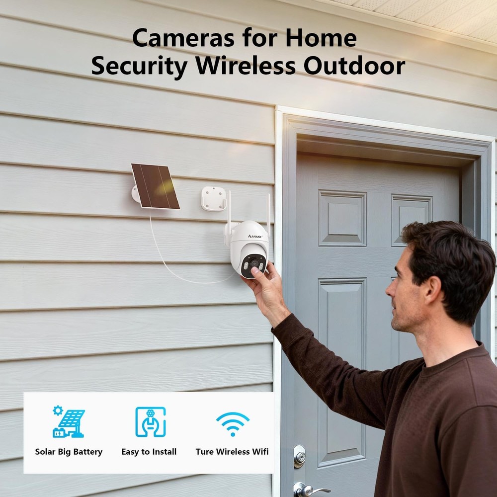 4MP Solar Security Camera Wireless Outdoor, 355° Pan Tilt Motion Tracking, Co...