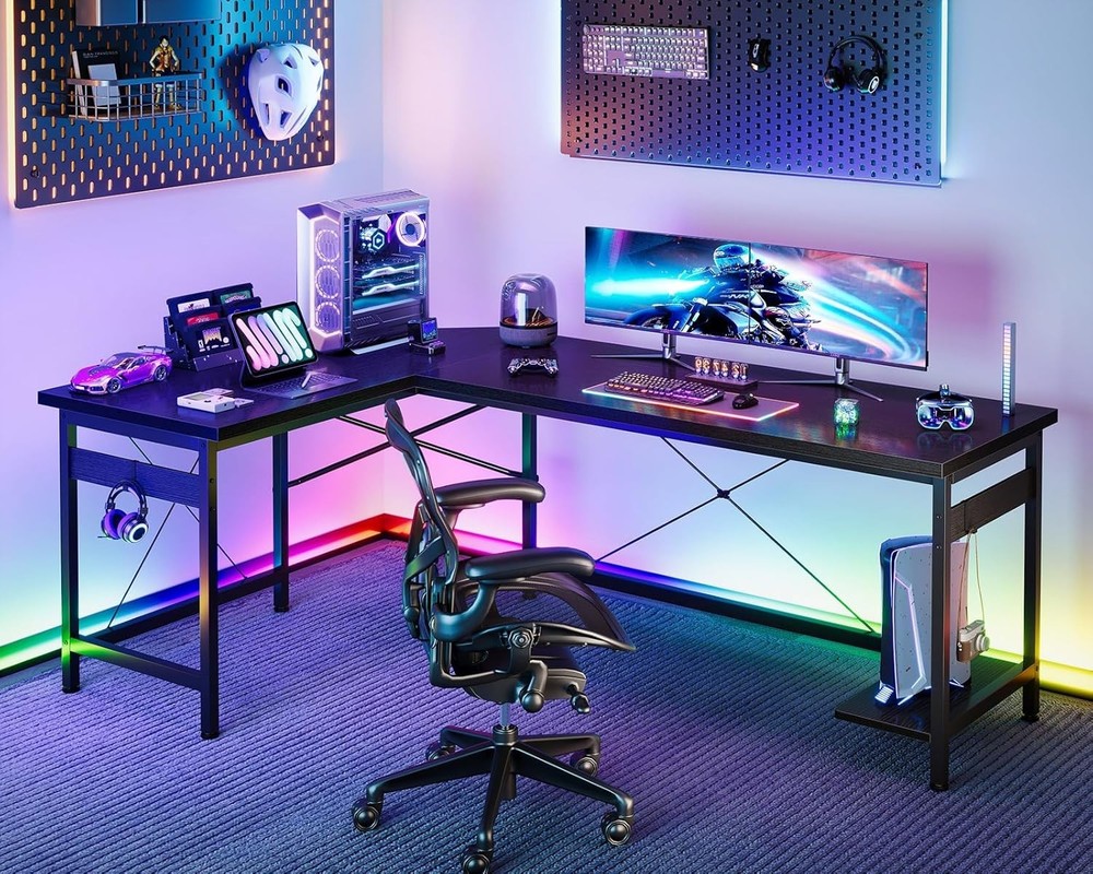 Home Office L Shape Corner Computer Desk Gaming PC Table with CPU Stand Side Bag
