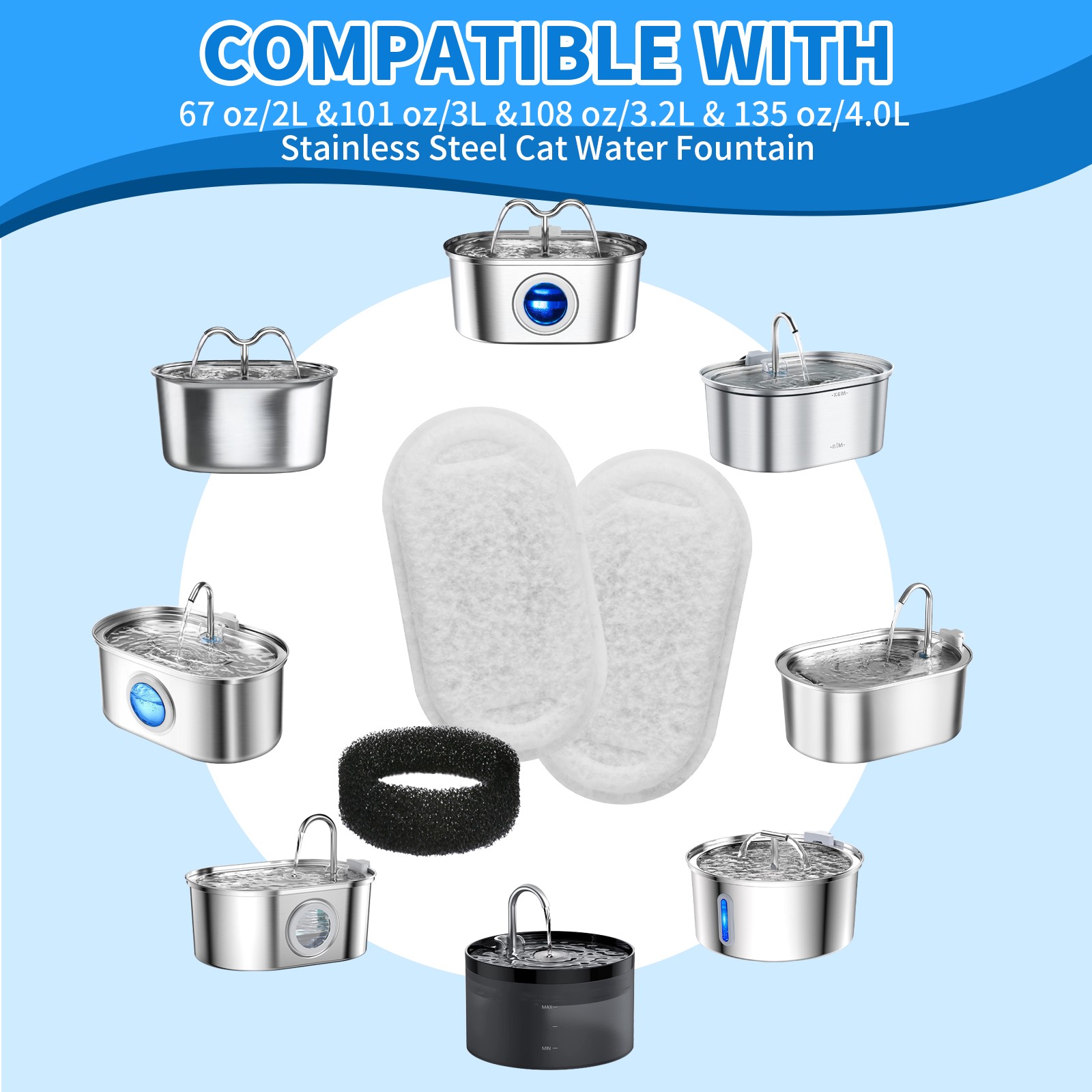 40pcs Cat Fountain Filters Replacement for 67/108/135oz Pet Drinking Replacement