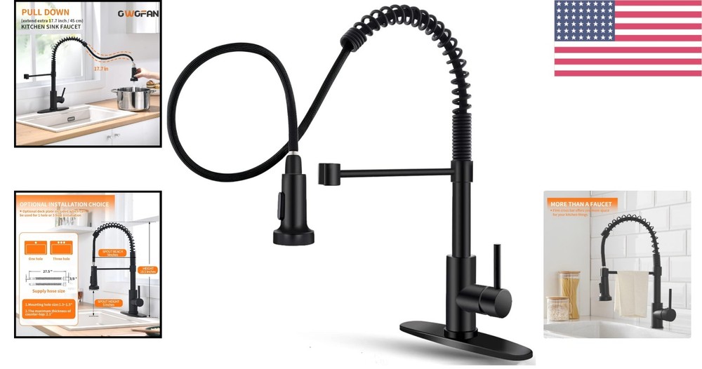 Classic Black Pull Down Kitchen Faucet - Easy Installation & Durable Performance