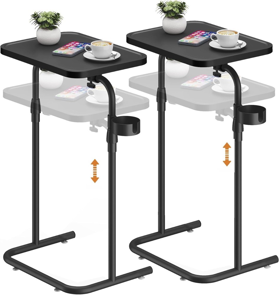 C Shaped End Table W/ Tiltable Surface Set of 2 Adjustable Height Side Table