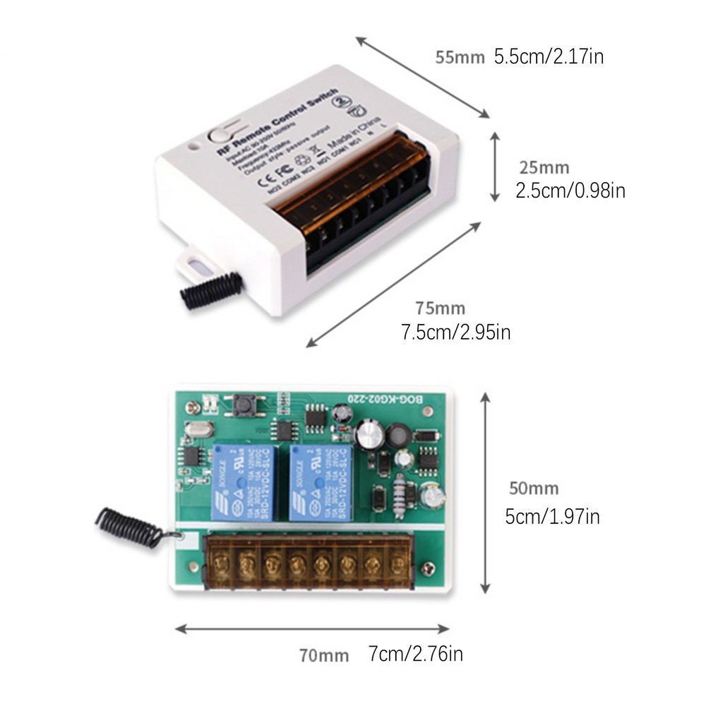 110V 2Ch 220V Relay Receiver Wireless Remote Control Switch for Garage/Gate