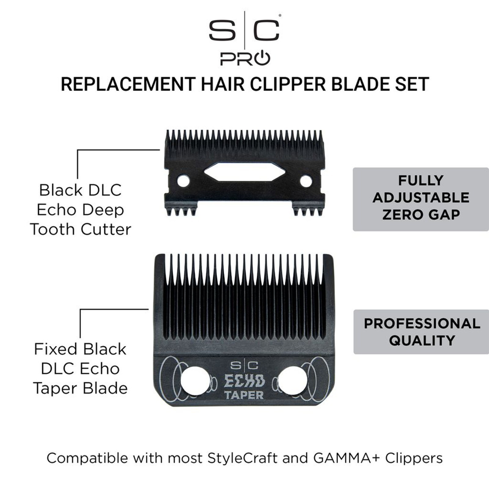StyleCraft ECHO Taper Blade Set ECHO Deep Tooth Moving Blade Black SC553B Gamma