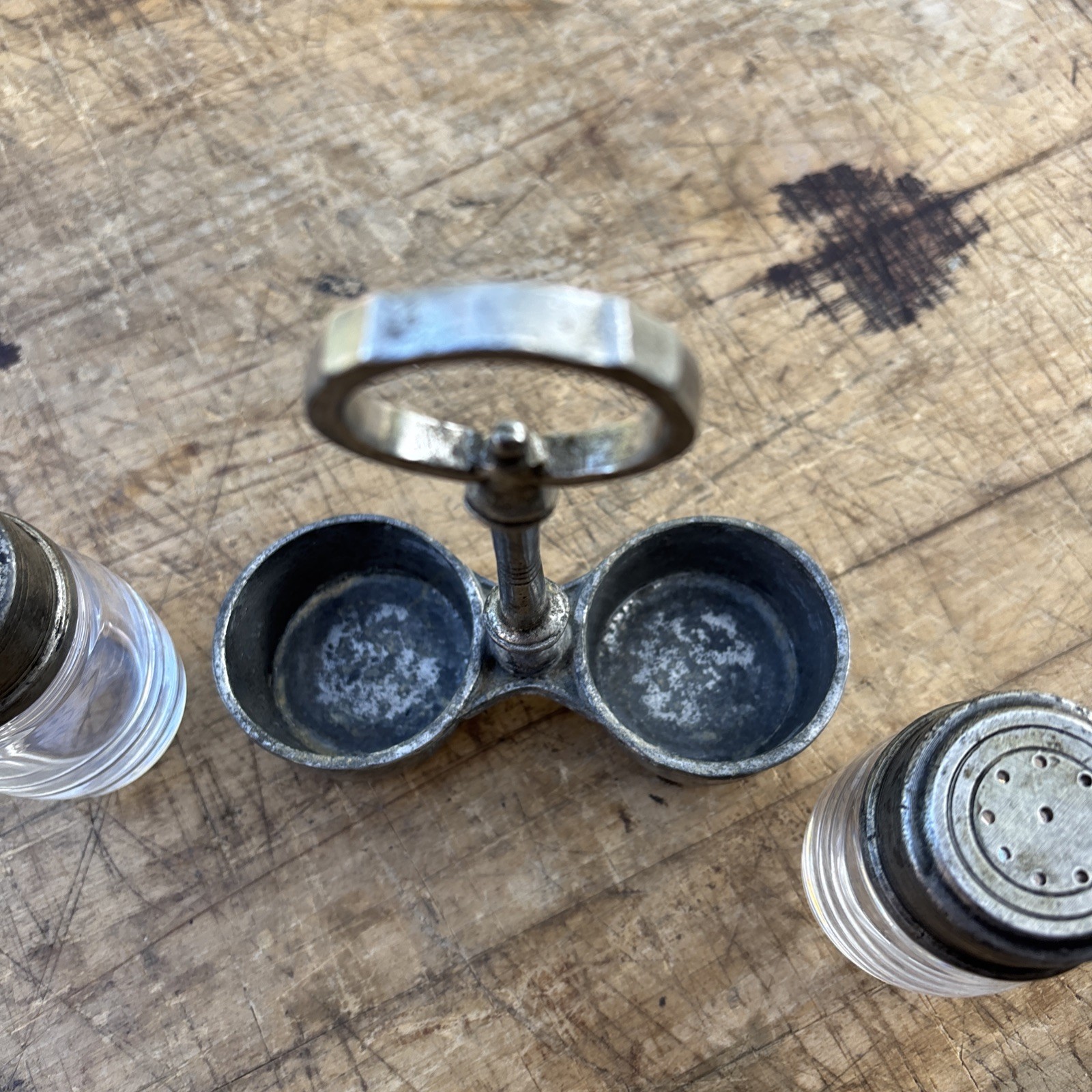 Antique Arte Italica Tavola SM Salt and Pepper with caddy Glass & 95% Pewter