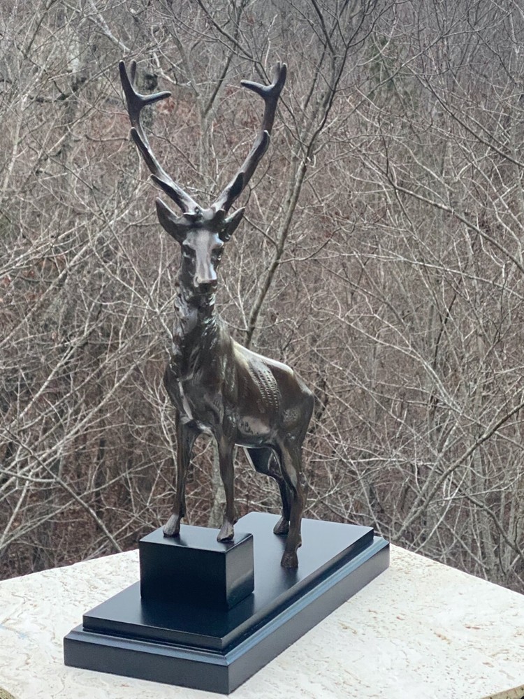 Bronze Deer Buck Complete Rack Antlers Posed On Step Plinth Statue