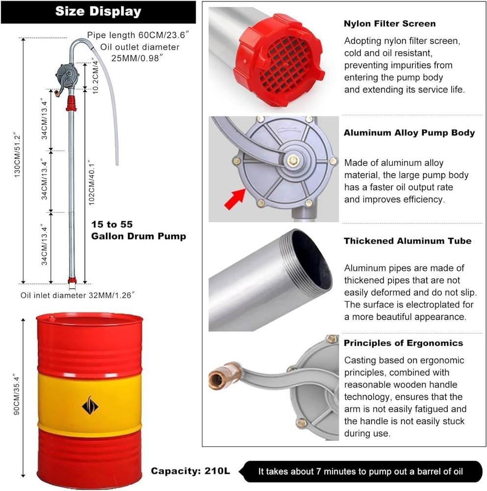 55-Gallon Drum Pump with Adjustable Suction & Filter – Aluminum, 6 GPM, Unive...
