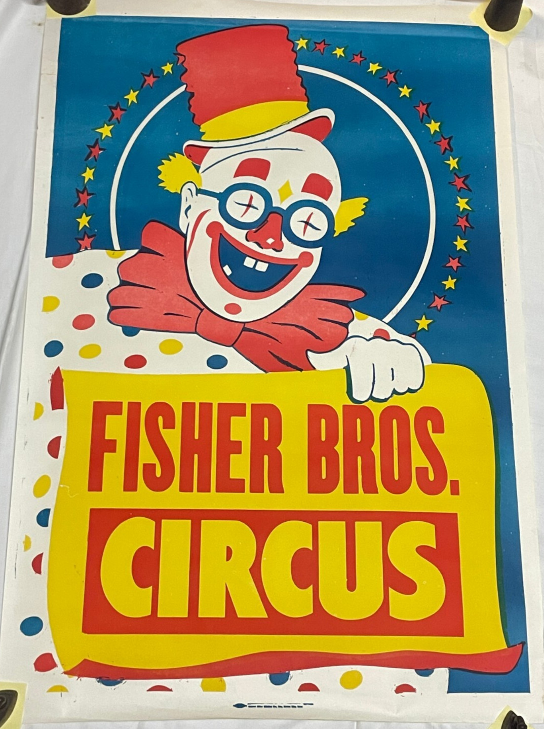 28" x 42" Original Vtg Fisher Bros Circus Poster Clown With Glasses Arkansas #3
