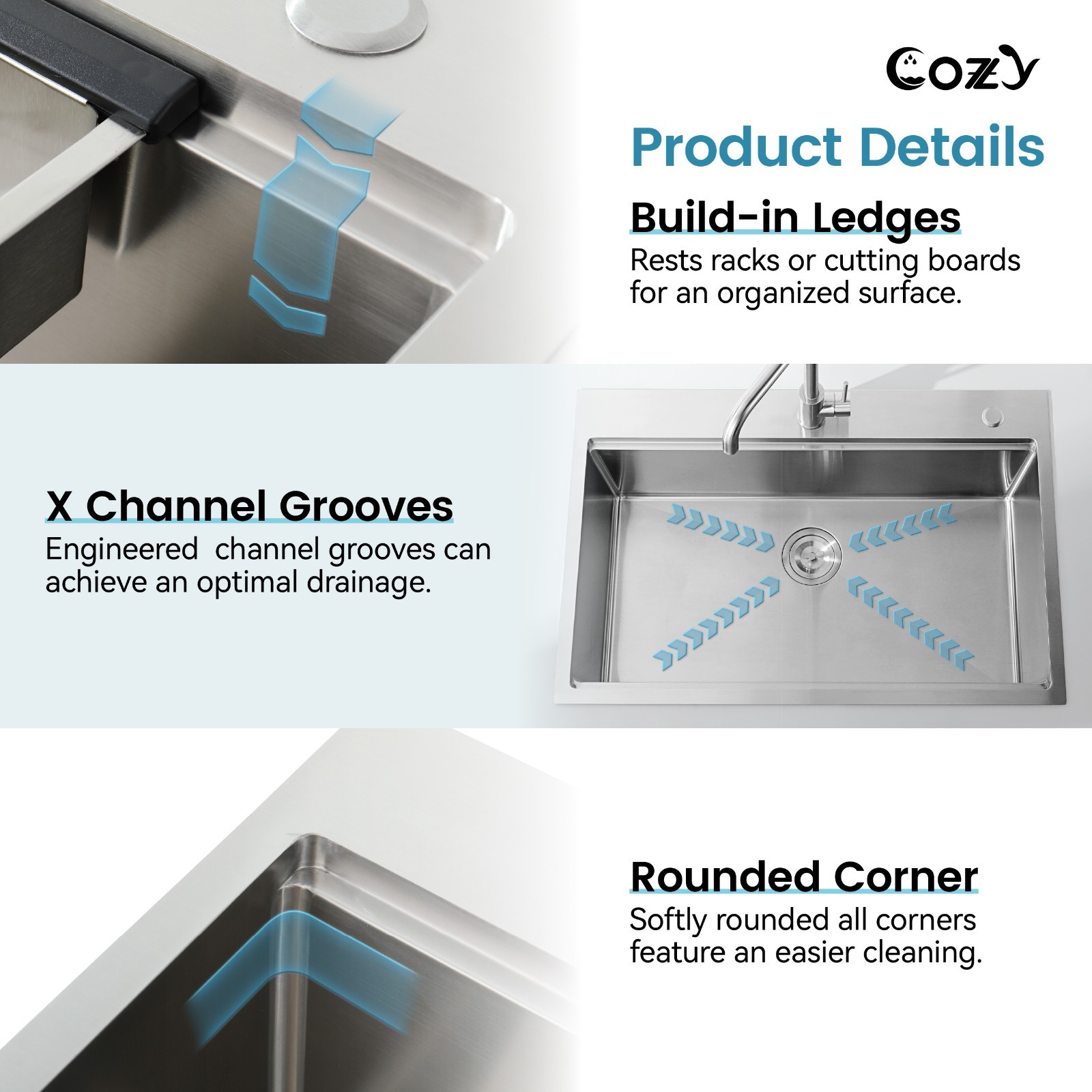 Cozy n Bath 30x22 inch overmount kitchen sink with accessors and drain